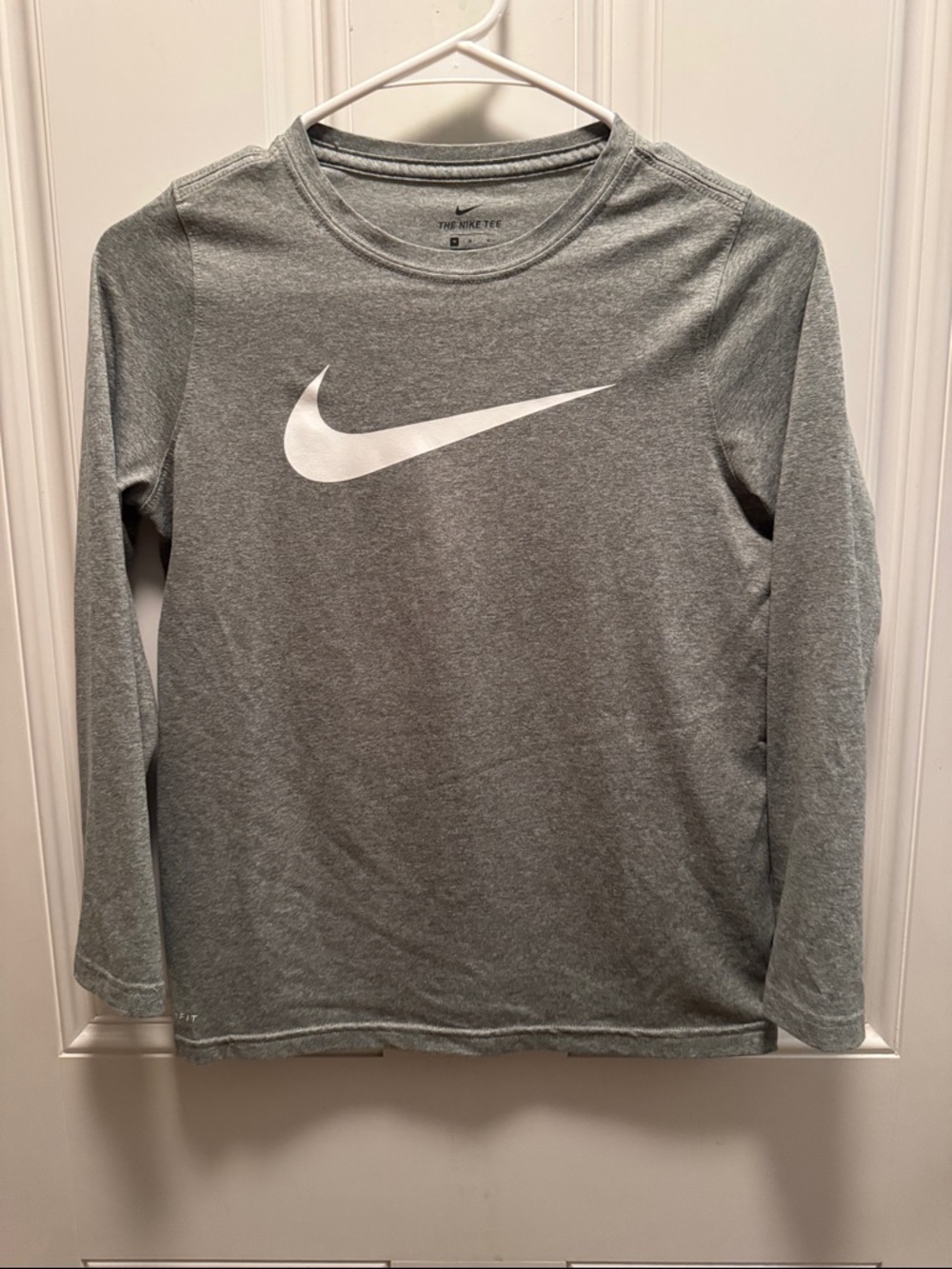 Nike Gray Long Sleeve Dri-fit Top with White Swoosh Logo